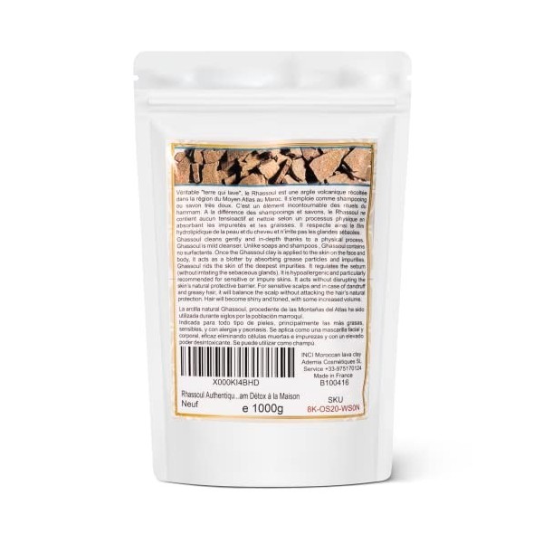 Rhassoul Ghassoul Authentique Atlas 1000g -Terre Lavante 100% Naturelle en morceaux - Régule le sébum Peau et Cheveux - Rit