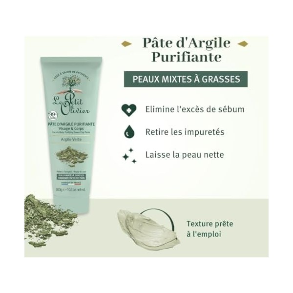 LE PETIT OLIVIER - Pâte DArgile Purifiante - Argile Verte - Visage & Corps - Purifie - Peaux Mixtes A Grasses - 99% DOrigin