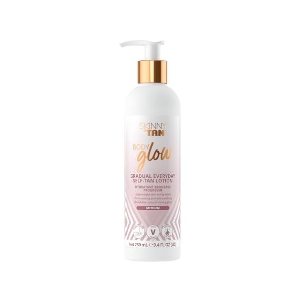 Skinny Tan Body Glow Gradual Tan Lotion - Lightweight, Fast-Absorbing Formula - Coconut and Vanilla Scent - Enriched with Alo