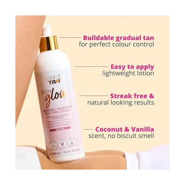 Skinny Tan Body Glow Gradual Tan Lotion - Lightweight, Fast-Absorbing Formula - Coconut and Vanilla Scent - Enriched with Alo