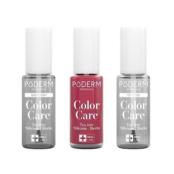 PODERM - LOT 3 PRODUITS | SOIN VERNIS PROFESSIONNEL COMPLET | Base Coat + Top Coat + Vernis Rouge Rose TEA TREE | Prévention 