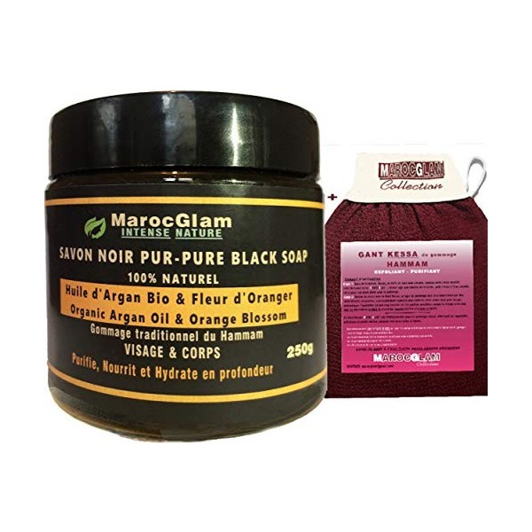 Savon Noir à lHuile dArgan Bio et fleur doranger 250g + Gant Kessa luxueux pour gommage corps et visage - gommage naturel 