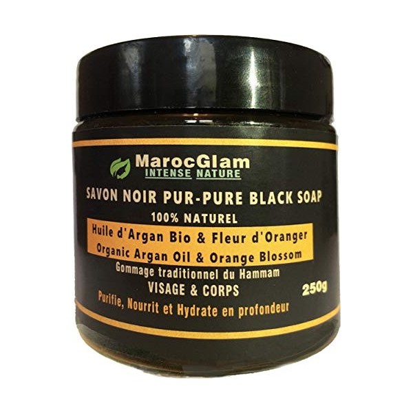 Savon Noir à lHuile dArgan Bio et fleur doranger 250g + Gant Kessa luxueux pour gommage corps et visage - gommage naturel 