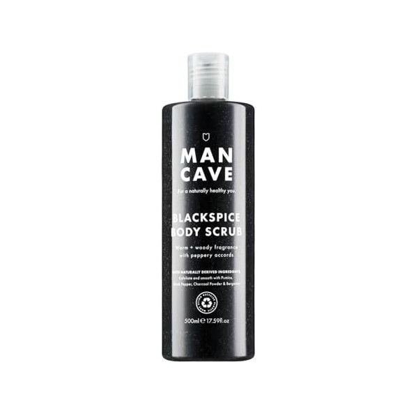 ManCave Gommage Corps Blackspice 500 ml pour Homme, Gommage Corps Exfoliant, Exfolie et Nettoie la Peau, Poudre Pierre Ponce 