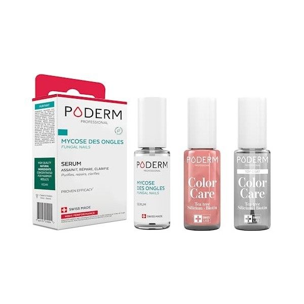 PODERM - LOT 3 PRODUITS | MYCOSE ONGLES TRAITEMENT PURIFIANT + Vernis OR ROSE BRILLANT Tea Tree + Top Coat Brillant Longue Te