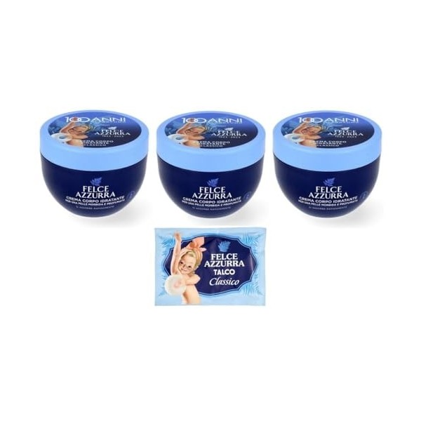 PAGLIERI Felce Azzurra Lot de 3 crèmes hydratantes pour le corps Crème Corpo Idratante 250 ml + 1 sachet de poudre de talc Fe