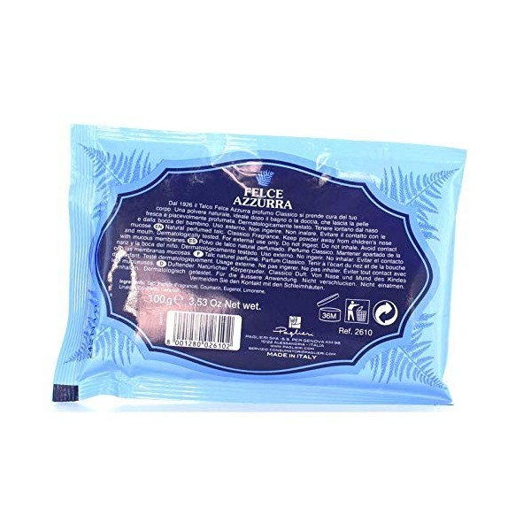 PAGLIERI Felce Azzurra Talco Classico Lot de 20 recharges de poudre pour le corps 100 g et Robusta en sachets avec une valve 