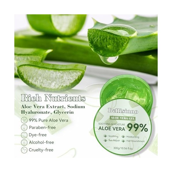 Gel Aloe Vera 300 ml pour le Visage, les Cheveux et le Corps, Hydratant Naturel, Apaisant et Nourrissant pour les Peaux Sèche