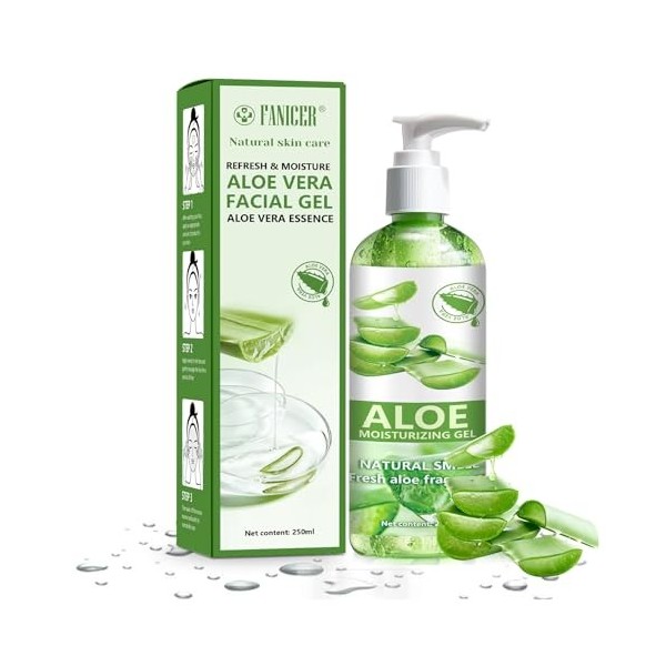 Aloe Vera Gel 250ml,Gel daloe Vera pour le Visage,Gel Aloe Vera Hydratant Visage Cheveux,Gel daloe vera pour le visage,vera