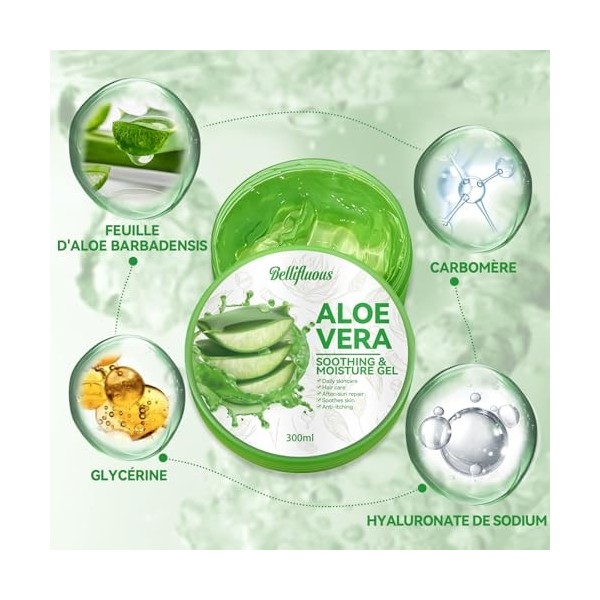 Bellifluous Aloe Vera Gel, 300 ML Gel Aloe Vera Après Soleil, Gel Aloe Vera Cheveux, Gel Aloe Vera Bio Visage, Naturelle, Apa