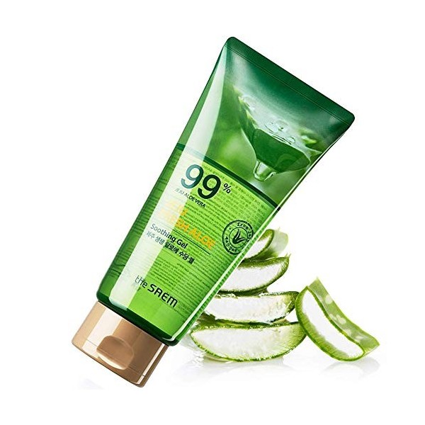 The Saem Gel dAloe Vera biologique avec 100% daloe pur - Gel apaisant à laloe frais de Jeju - 99% daloe vera, hydrate et 