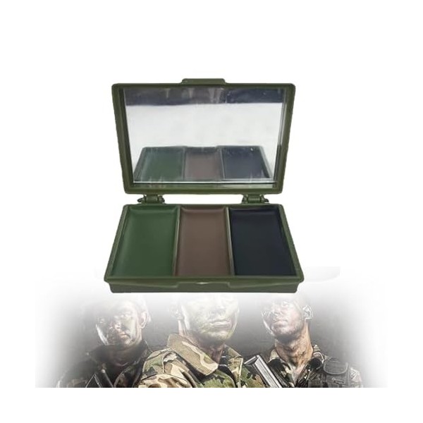 Kit de maquillage camouflage, Camo Face Paint Camouflage Make-Up avec miroir, 3 couleurs, noir, olive, marron, camouflage cam