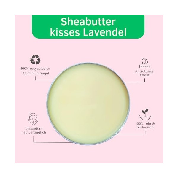 Beurre de karité bio - Kisses Lavande - Avec huile essentielle de lavande - Vitamine E - Qualité supérieure - 100 g dans une 