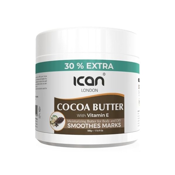 ican London Beurre de cacao avec vitamine E hydratant 24 heures, lisse les marques et utilisation à faire soi-même, 500 g