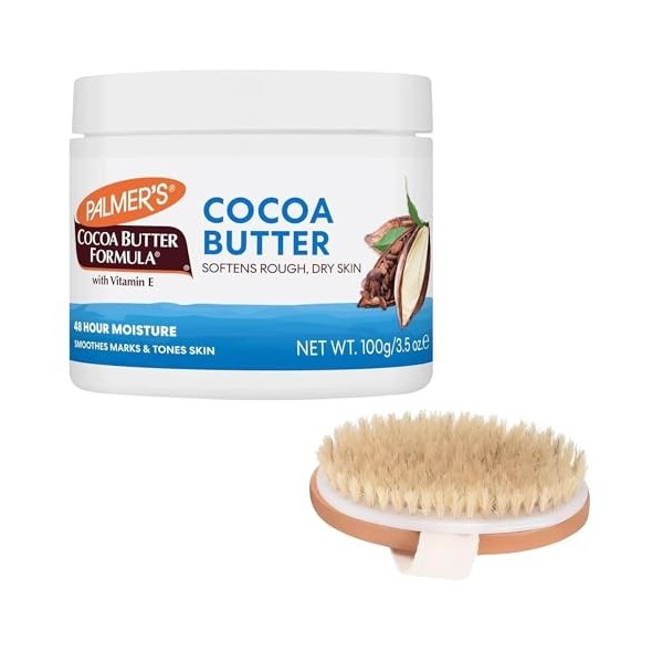 Palmers Ensemble hydratant au beurre de cacao – 1 pot solide de 100 g de formule au beurre de cacao Palmers et 1 brosse corp