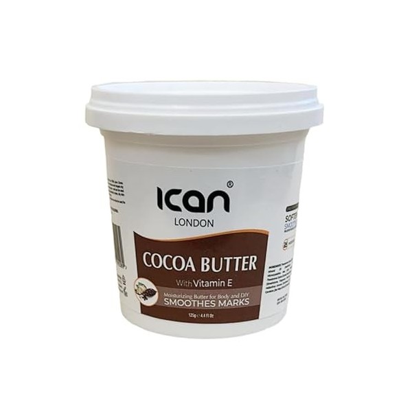 ican London Beurre de cacao avec vitamine E hydratant 24 heures, lisse les marques et utilisation à faire soi-même, 125 g