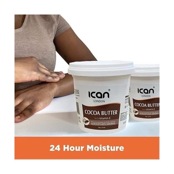 ican London Beurre de cacao avec vitamine E hydratant 24 heures, lisse les marques et utilisation à faire soi-même, 125 g