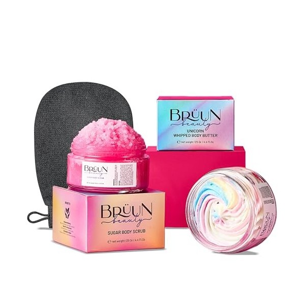 BRÜUN Beauty Unicorn Whipped Butter with Exfoliating Body Scrub Cream – A Bundle for Body and Skin Care with Natural Ingredie