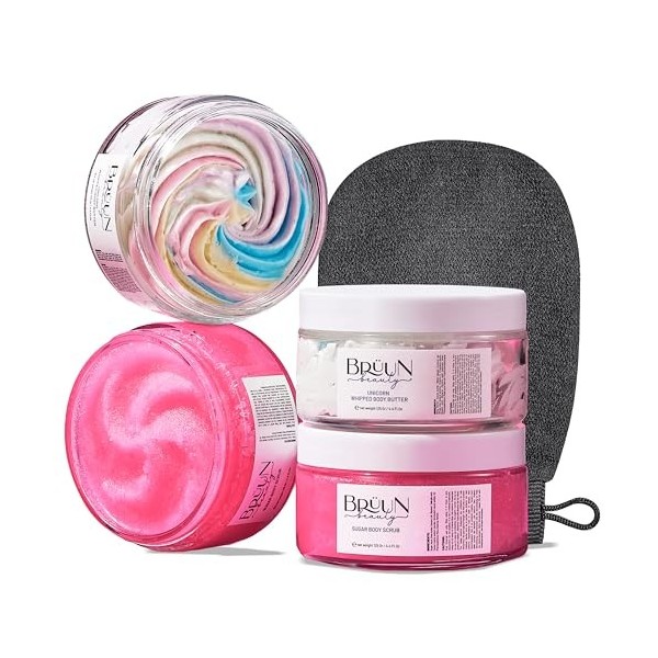 BRÜUN Beauty Unicorn Whipped Butter with Exfoliating Body Scrub Cream – A Bundle for Body and Skin Care with Natural Ingredie