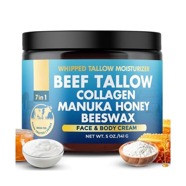 Beef Tallow for Skincare, Crème de Suif Naturel pour Peaux Sensibles, Hydratant Beurre de Suif pour le Corps, Visage et Main 