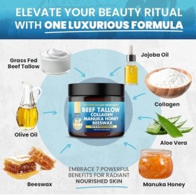 Beef Tallow for Skincare, Crème de Suif Naturel pour Peaux Sensibles, Hydratant Beurre de Suif pour le Corps, Visage et Main 