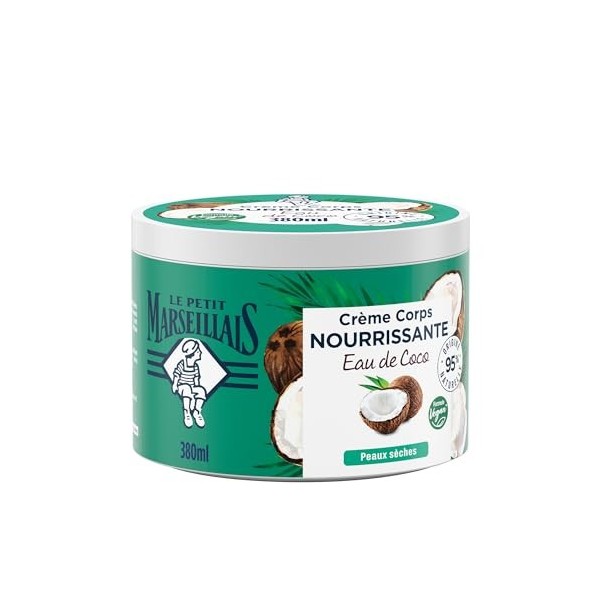 Le Petit Marseillais | Crème Corps Nourrissante Eau de Coco pot de 380 ml – Crème hydratante pour peaux sèches – Formule ve