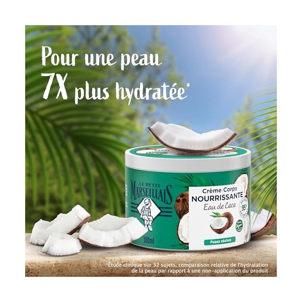 Le Petit Marseillais | Crème Corps Nourrissante Eau de Coco pot de 380 ml – Crème hydratante pour peaux sèches – Formule ve