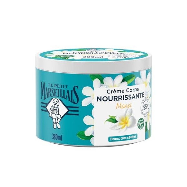 Le Petit Marseillais | Crème Corps Nourrissante Monoï pot de 380 ml – Crème hydratante pour peaux très sèches – Formule veg