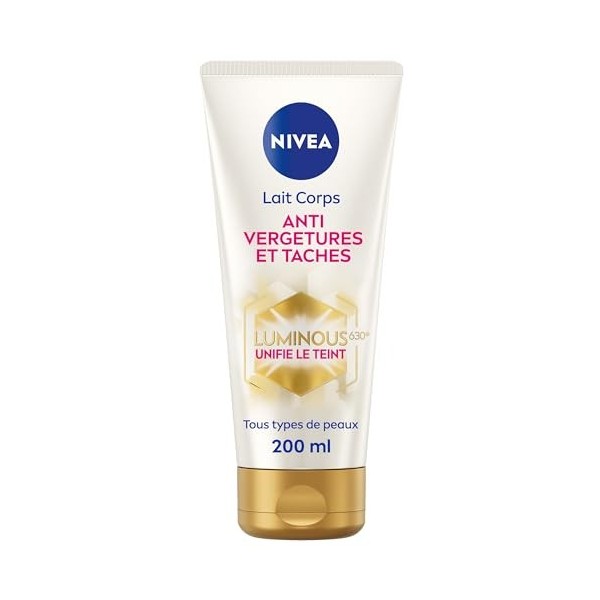 NIVEA Luminous630® Lait Corps Anti Vergetures et Taches 1 x 200 ml , soin corps anti tache hydratant 48h réducteur de verget