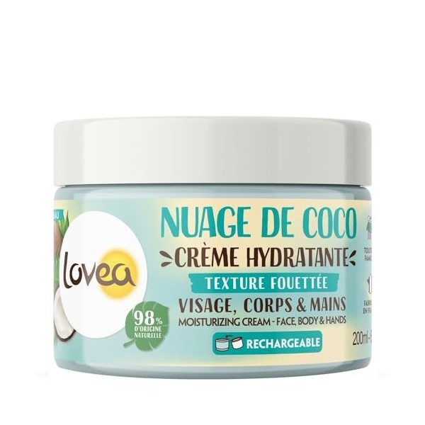 LOVEA - Nuage de Coco - Crème Hydratante Multi-Usages - Visage, Corps & Mains - Hydratation 24h - Pour Toute la Famille - Dès