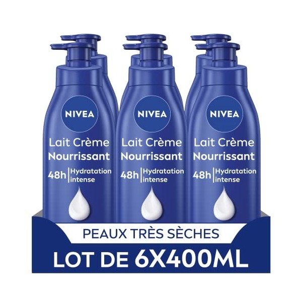 NIVEA Lait crème nourrissant lot de 6 x 400 ml , Lait hydratant pour le corps à l’huile d’amande douce, Lait corporel 5-en-1