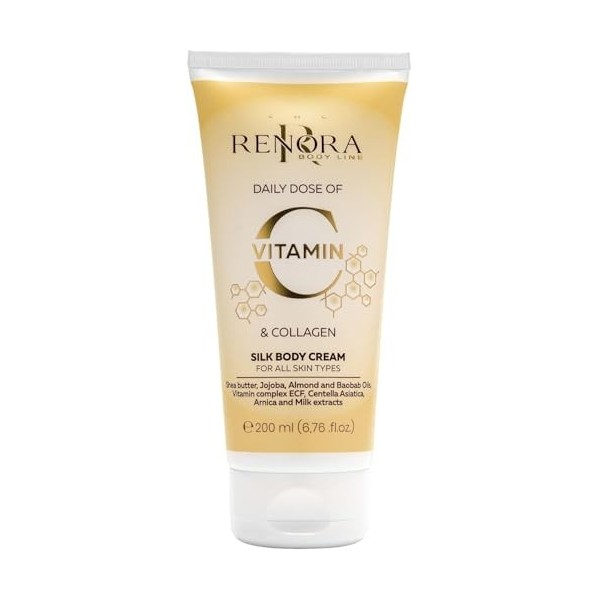 RENORA crème corps effet soie à la vitamine C, collagène, crème de karité et huiles de baobab, jojoba et amande, hydratation 