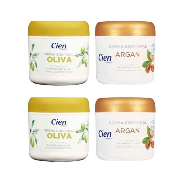 Pack 4 - Cien - 2 Crema Corporal Hidratante Oliva 250 ml. + 2 Crema Corporal Argán 250 ml. Suavidad para tu piel. Pack 4