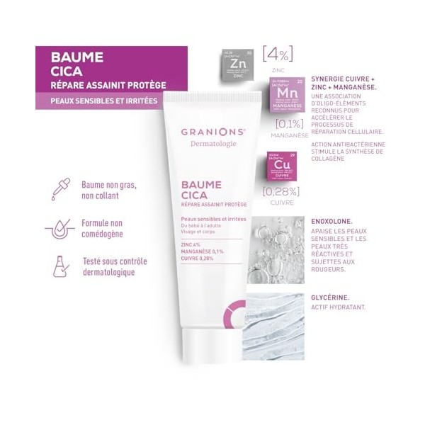 Baume CICA Creme Cicatrisante - GRANIONS Dermatologie - Creme Hydratante Bébé, Enfant, Adulte - Glycerine Vegetale + Zinc + C