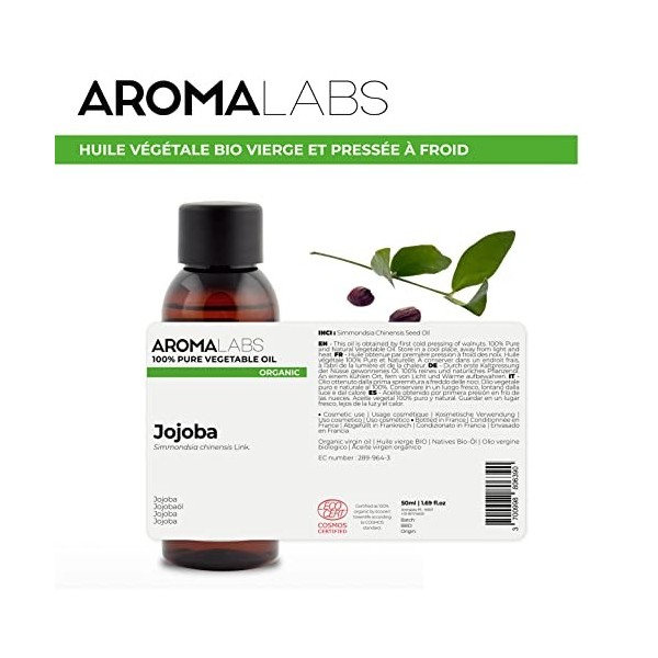 Aroma Labs - Jojoba BIO - Huile Végétale Vierge et Certifiée Cosmos - 50 mL