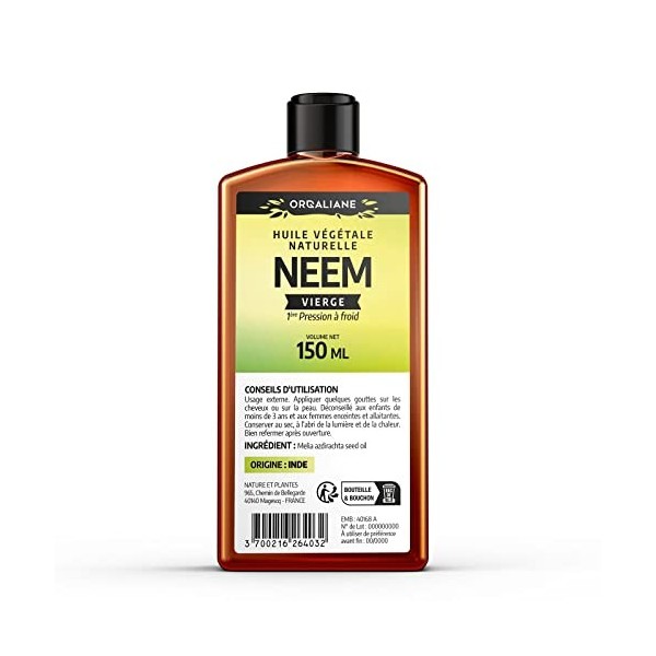 Huile de Neem 150 ml - Huile végétale 100% pure pressée à froid - Maison et Jardin