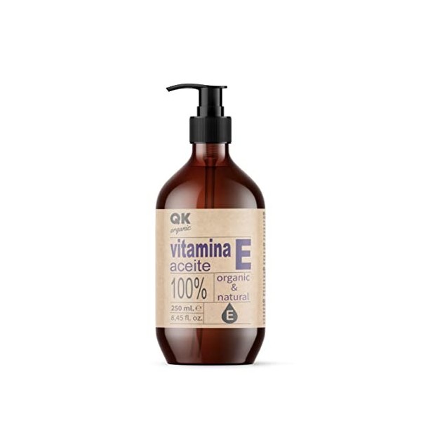 QKnatur - Vitamine E Huile - 250 ml - Naturelle - Antioxydante et anti-âge pour le visage, la peau, les cheveux et les ongles