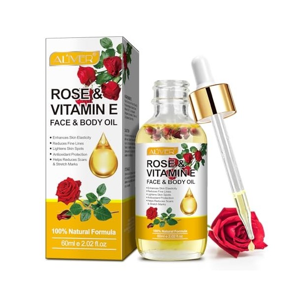 Huile de Rose et de Vitamine E pour les Visage et le Corps, 100% Naturelle Huile de Rose, Hydratant, Anti-rides, Réduit les R