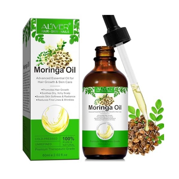 Huile de Moringa 60ml, Moringa Oil pour Cheveux, Visage, Peau et Massage, Naturelle Pressée à Froid Hydratation et Éclat, Ant