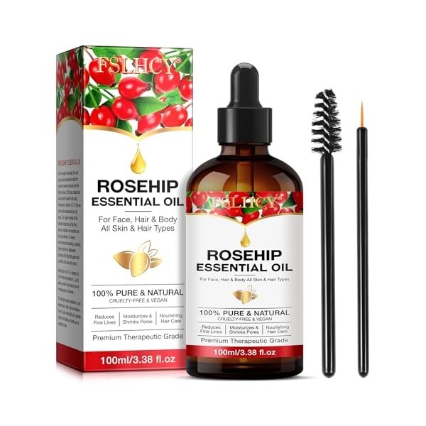 Rosehip Oil 100ML Huile de Rose Musquée 100% Naturel Vegan pour les Anti-âge Revitaliser, Réparer la Peau, les Cheveux, Hydra