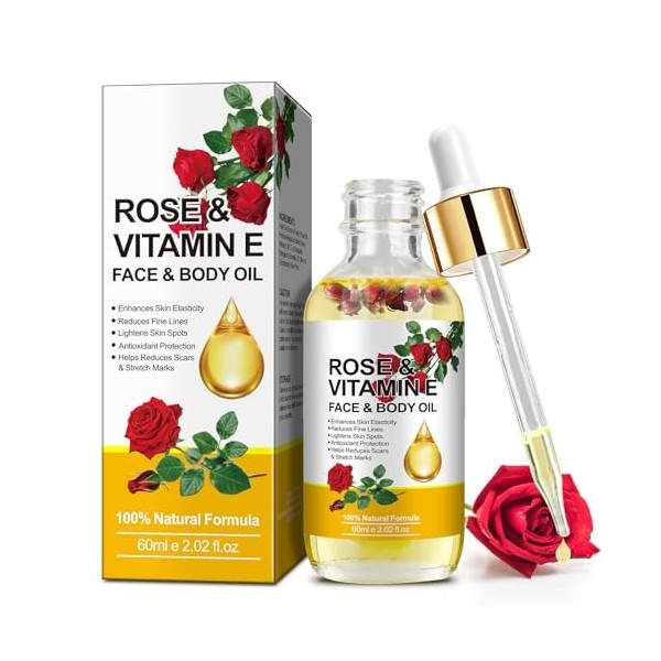 Huile visage et corps à la vitamine E de rose - 100% naturelle Hydratation Réduire les rides Atténuer les cicatrices et les v