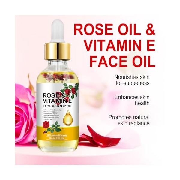 Huile visage et corps à la vitamine E de rose - 100% naturelle Hydratation Réduire les rides Atténuer les cicatrices et les v