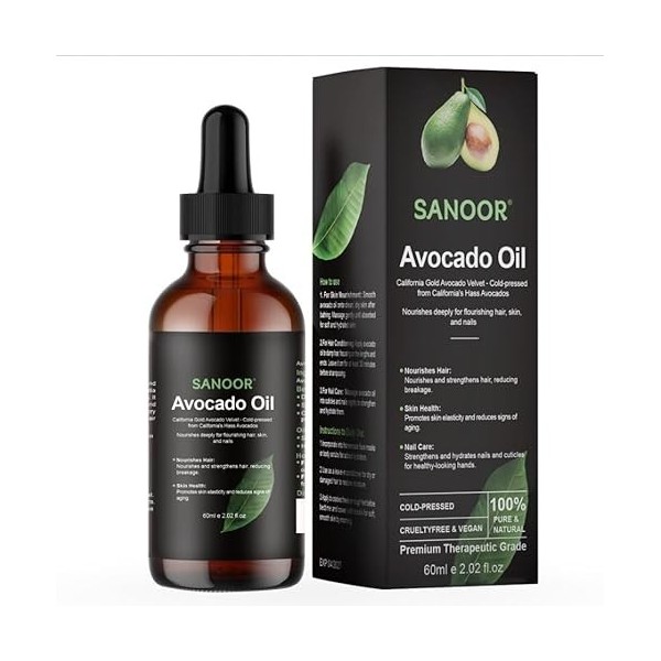 SANOOR® Huile davocat biologique, 100 % pure 57,3 g | Qualité alimentaire pressée à froid – Pour le visage, la peau, la cr