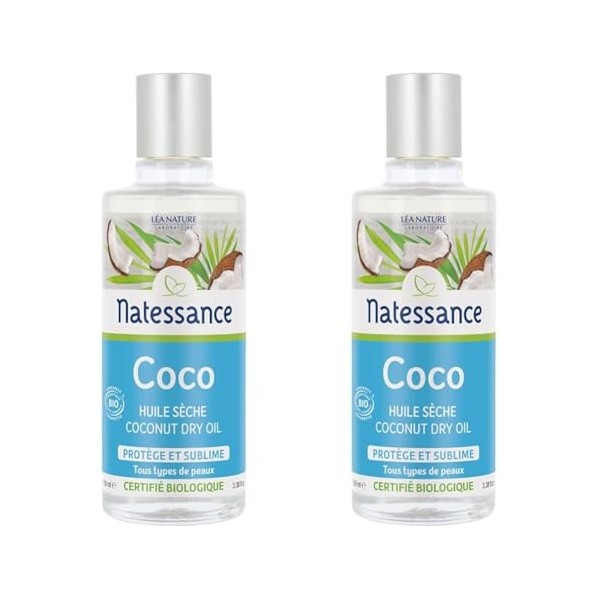 Natessance - Huile Sèche Coco Bio - Protège et sublime - Certifié Bio Cosmos Organic - Flacon de 100 ml Lot de 2 