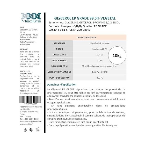 10 kg Glycérine Végétale Glycérol EP GRADE 99,5% Alimentaire Cosmétique Glycérol 100% Naturelle