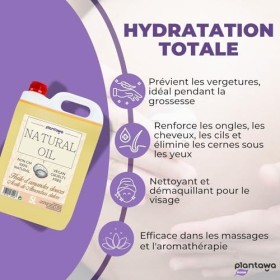 PLANTAWA Huile damande Douce, Pack économique, kit Professionnel, Massage, 5L, Hydrate, Peau, Oreille, Cheveux, Grossesse, p