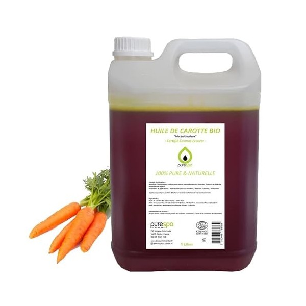 Purespa - HUILE DE CAROTTE BIO - 100% Pure Naturelle - Certifié Cosmos ECOCERT - Corps - Jerrycan 5 Litres 