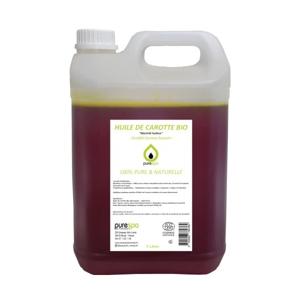 Purespa - HUILE DE CAROTTE BIO - 100% Pure Naturelle - Certifié Cosmos ECOCERT - Corps - Jerrycan 5 Litres 