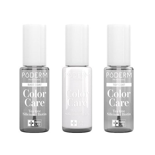 PODERM - LOT 3 PRODUITS | SOIN VERNIS PROFESSIONNEL COMPLET | Base Coat + Top Coat + Vernis Blanc TEA TREE | Prévention & Tra