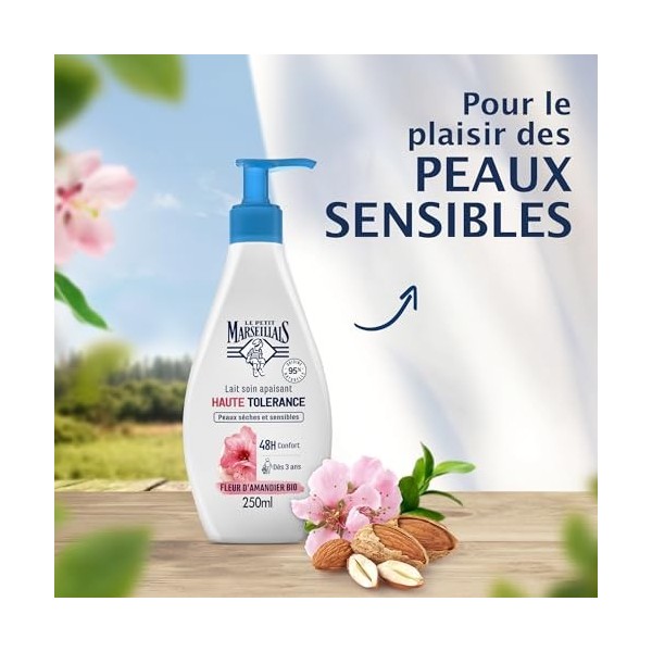 Le Petit Marseillais | Lait Soin Apaisant Haute Tolérance Fleur dAmandier Bio flacon-pompe de 250 ml – Lait corps pour pea